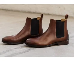 Botines de hombre en castaño patinado con suela de cuero y goma de caucho Dovon Patin-Bexley Sale