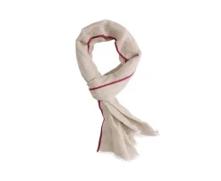 Bufanda de algodón y lino chambray beis con border rojo-Bexley Fashion
