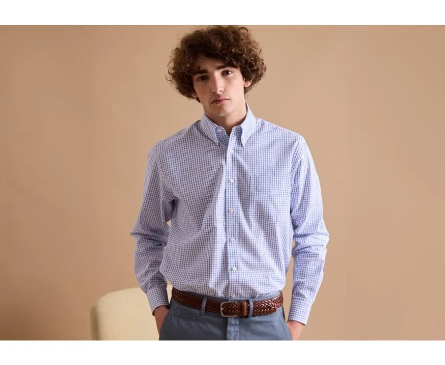 Camisa blanca con cuadros azules - Cuello americano Grayson-Bexley Clearance