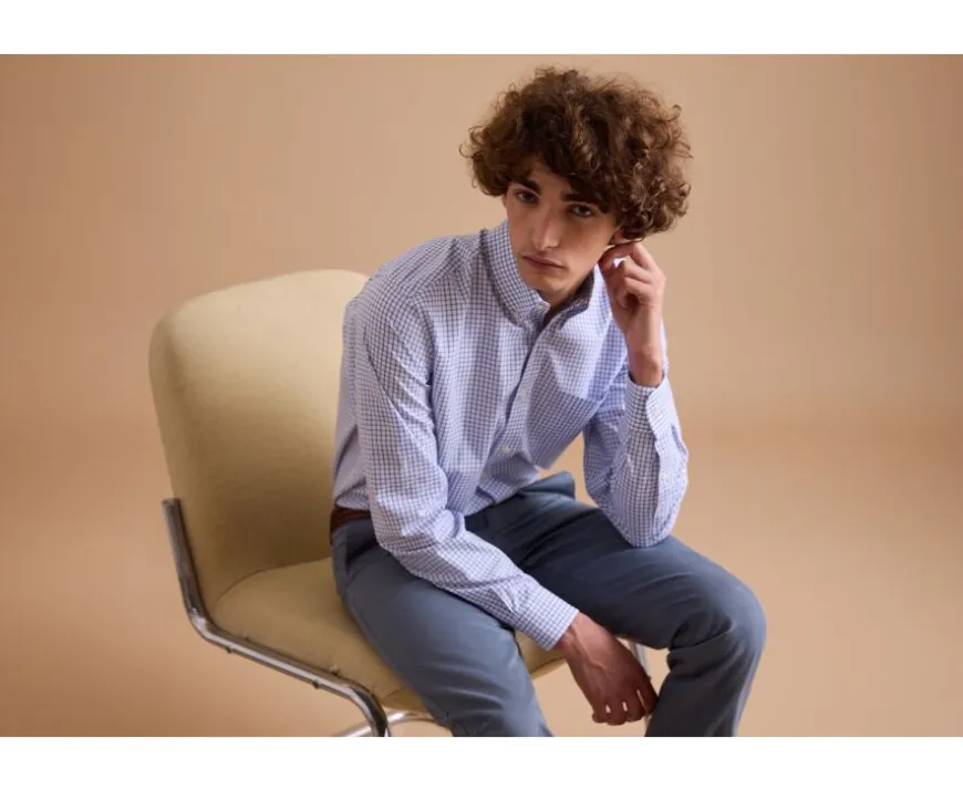 Camisa blanca con cuadros azules - Cuello americano Grayson-Bexley Clearance