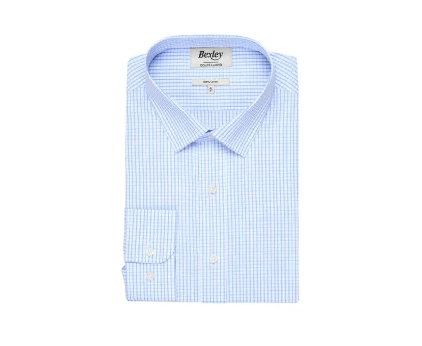 Camisa blanca con cuadros celestes - Cuello francés Alfiero-Bexley Clearance