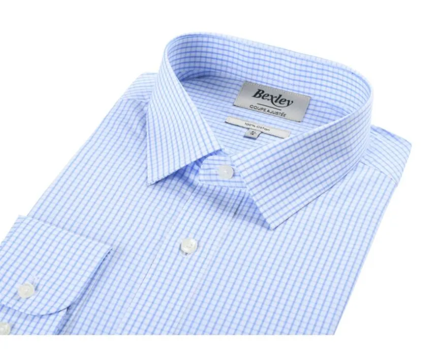 Camisa blanca con cuadros celestes - Cuello francés Alfiero-Bexley Clearance