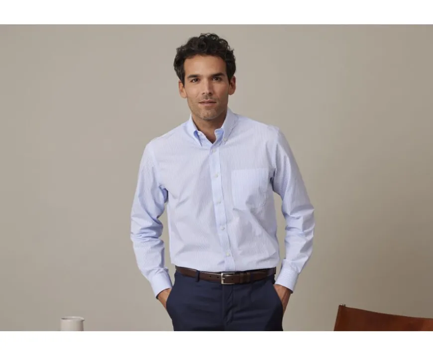 Camisa de algodón a rayas Azul Claro y Blanco - Cuello americano Marlon-Bexley Cheap