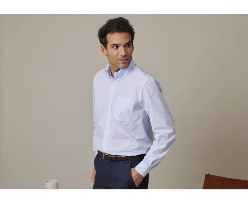 Camisa de algodón a rayas Azul Claro y Blanco - Cuello americano Marlon-Bexley Cheap