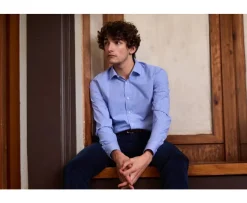 Camisa de algodón Azul claro y Blanco - Cuello francés Valaire-Bexley Clearance