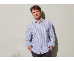 Camisa de algodón y lino a rayas azules oscuras y blancas Simonin-Bexley New