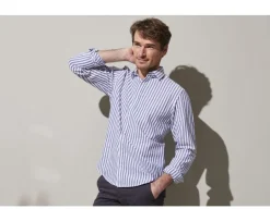 Camisa de algodón y lino a rayas azules oscuras y blancas Simonin-Bexley New