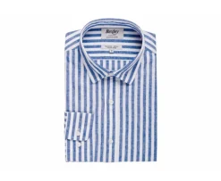 Camisa de algodón y lino a rayas azules oscuras y blancas Simonin-Bexley New