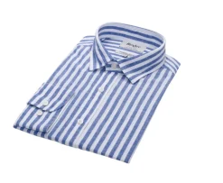 Camisa de algodón y lino a rayas azules oscuras y blancas Simonin-Bexley New