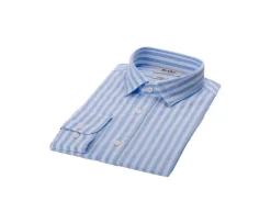 Camisa de algodón y lino a rayas Celeste y Blanco Simonin-Bexley Clearance