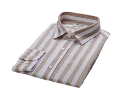 Camisa de algodón y lino a rayas Camel y Blanco Brunien-Bexley Online
