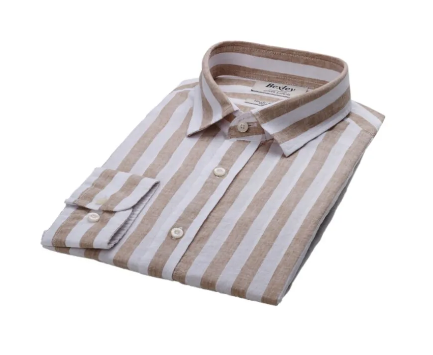 Camisa de algodón y lino a rayas Camel y Blanco Brunien-Bexley Online