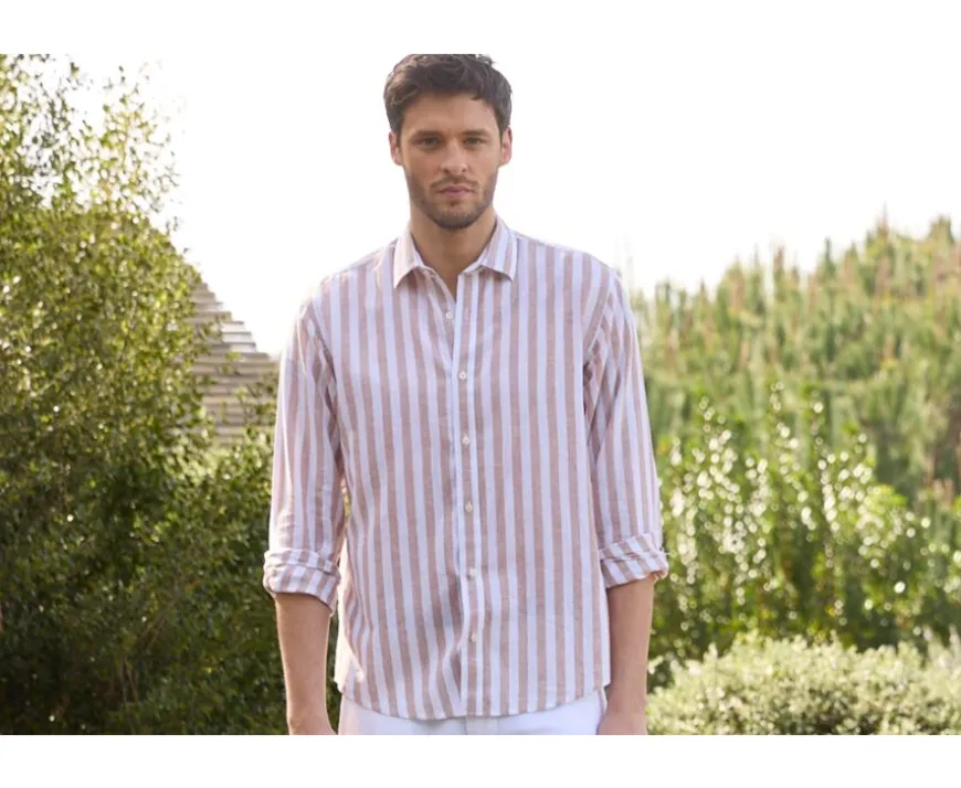 Camisa de algodón y lino a rayas Camel y Blanco Brunien-Bexley Online