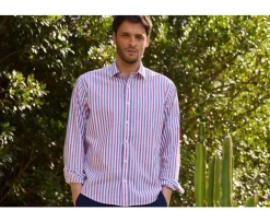 Camisa de algodón y lino a rayas Azul vintage Rojo y Blanco Simonin-Bexley Clearance