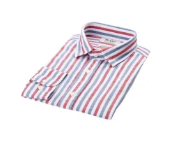 Camisa de algodón y lino a rayas Azul vintage Rojo y Blanco Simonin-Bexley Clearance