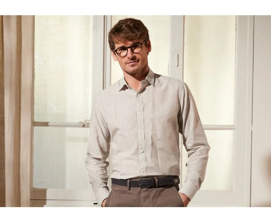Camisa de algodón y lino con rayas topo y blancas Edibert-Bexley Discount