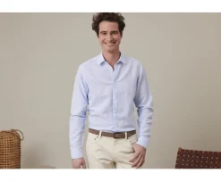 Camisa de algodón y lino con rayas Celeste y blanco Edibert-Bexley Clearance