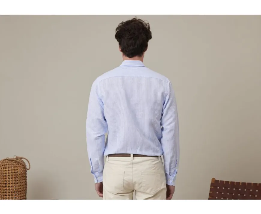 Camisa de algodón y lino con rayas Celeste y blanco Edibert-Bexley Clearance