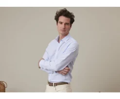 Camisa de algodón y lino con rayas Celeste y blanco Edibert-Bexley Clearance