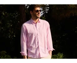 Camisa de algodón y lino Rosa y Borde blanco Edibert-Bexley New