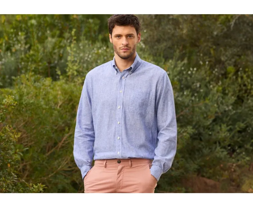 Camisa de lino y algodón Chambray Azul y borde Blanco Colten-Bexley Online