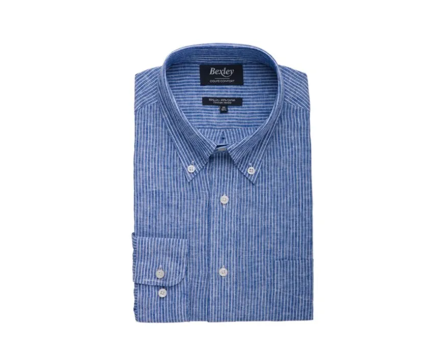 Camisa de lino y algodón Chambray Azul y borde Blanco Colten-Bexley Online