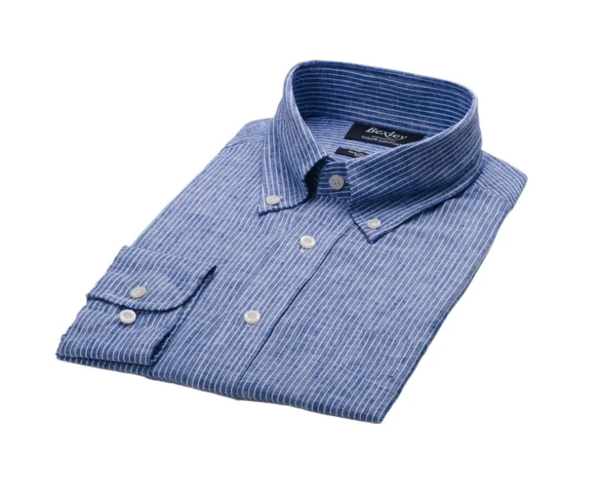 Camisa de lino y algodón Chambray Azul y borde Blanco Colten-Bexley Online