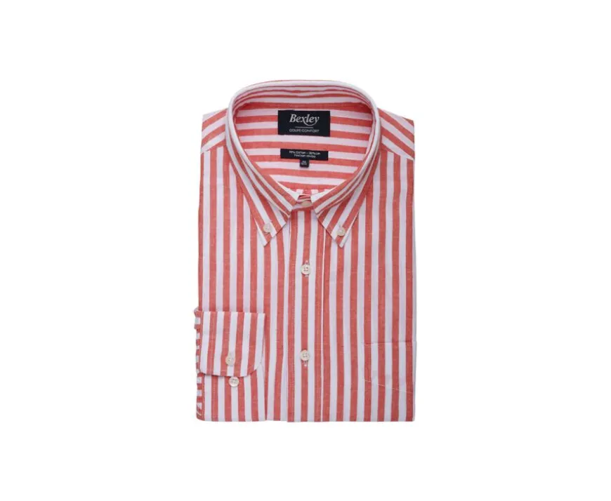 Camisa de lino y algodón Coral y Blanco Colten-Bexley Flash Sale