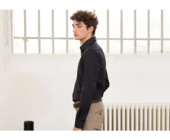 Camisa de popelina de algodón negra - Cuello francés Louis-Bexley Online