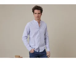 Camisa lisa de lino de algodón Azul océano y Blanco Elibert-Bexley Shop