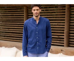Camisa lisa de lino de algodón Chambray Indigo Elibert-Bexley Fashion