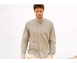 Camisa lisa de lino de algodón Chambray Verde Caqui Elibert-Bexley Hot