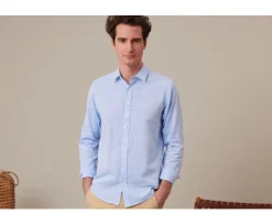 Camisa lisa de lino de algodón Chambray Azul Silbert-Bexley Cheap