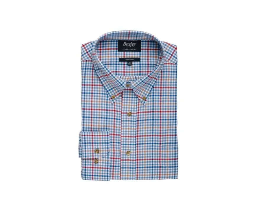 Camisa Oxford de algodón Azul claro, rojo y camel - Cuello americano Shanton-Bexley Clearance