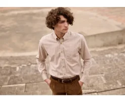 Camisa Oxford de algodón Beis y Blanco - Cuello americano Valden-Bexley Cheap