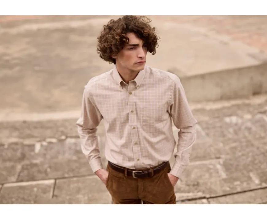 Camisa Oxford de algodón Beis y Blanco - Cuello americano Valden-Bexley Cheap