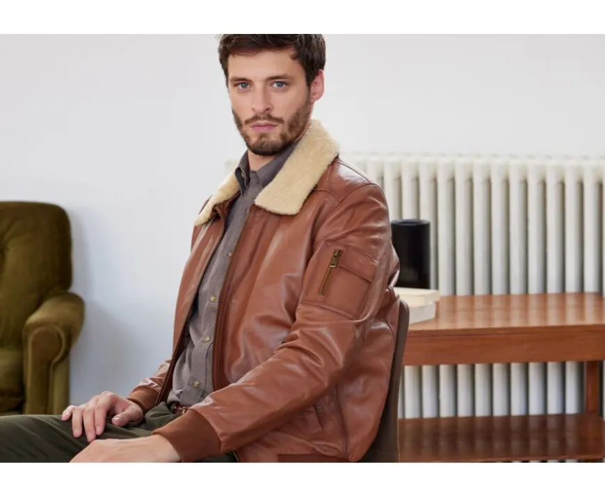 Chaqueta bomber de cuero para hombre Coñac Everett Ii-Bexley Hot