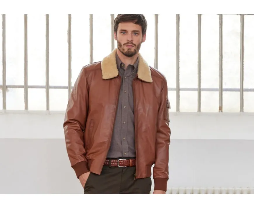 Chaqueta bomber de cuero para hombre Coñac Everett Ii-Bexley Hot