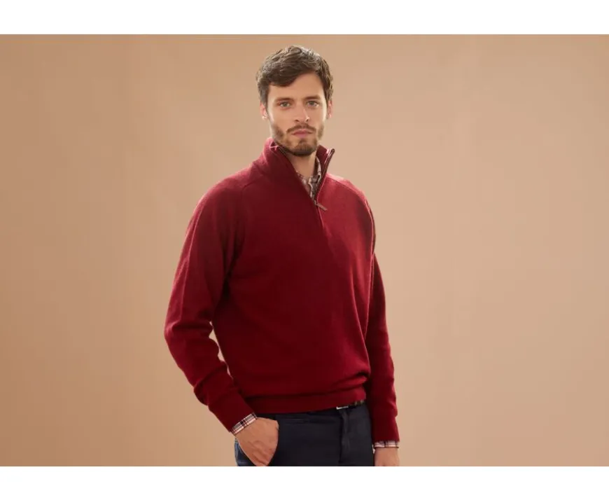 Jersey de hombre de lana con cuello con cremallera Rojo Oscuro Kenneth-Bexley New