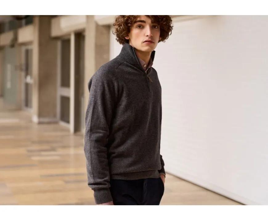 Jersey de hombre de lana con cuello con cremallera Gris Antracita moteado Kenneth-Bexley Fashion