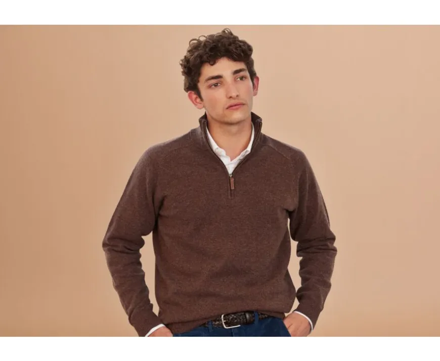 Jersey de hombre de lana con cuello de cremallera Chocolate moteado Kenneth-Bexley Fashion