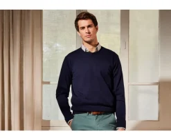 Jersey de hombre fino algodón Pima/cachemira con cuello redondo Azul marino Vladimir-Bexley Hot