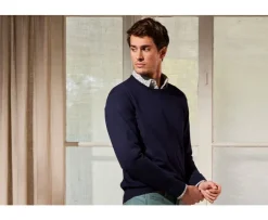 Jersey de hombre fino algodón Pima/cachemira con cuello redondo Azul marino Vladimir-Bexley Hot