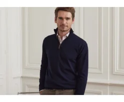 Jersey de hombre fino de algodón Pima/cachemira con cremallera en el cuello Azul marino Vlad-Bexley New