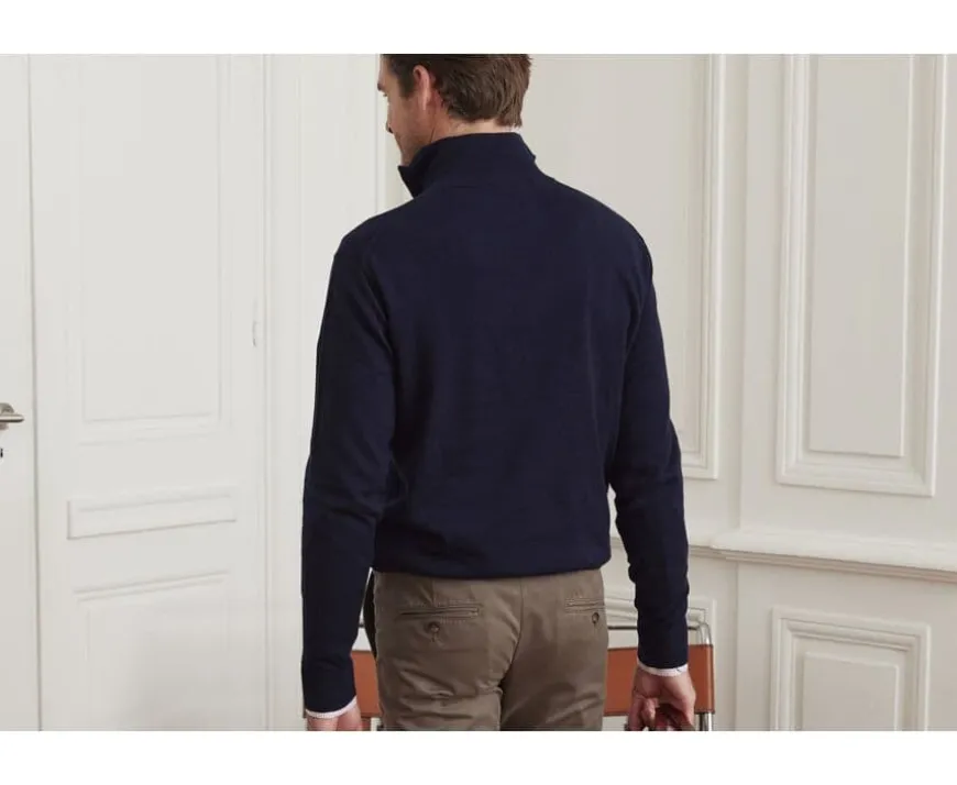 Jersey de hombre fino de algodón Pima/cachemira con cremallera en el cuello Azul marino Vlad-Bexley New