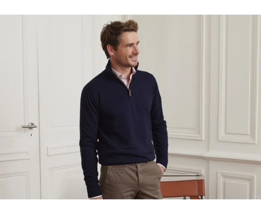 Jersey de hombre fino de algodón Pima/cachemira con cremallera en el cuello Azul marino Vlad-Bexley New