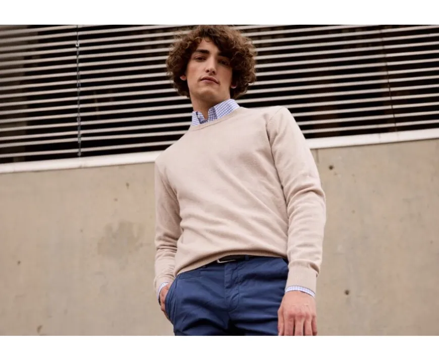 Jersey de lana con cuello redondo Beis claro Conan-Bexley Sale