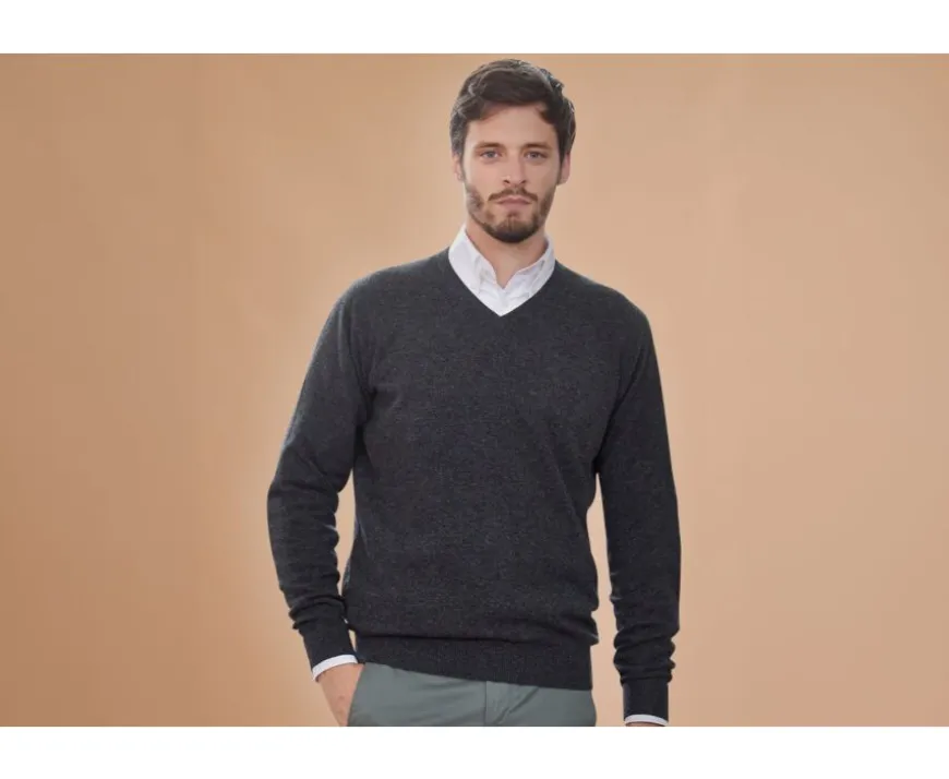 Jersey de lana hombre con cuello En V Gris Antracita moteado Elian-Bexley Best Sale