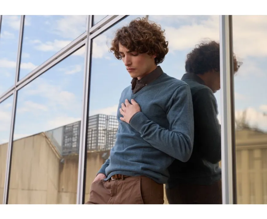 Jersey de lana hombre con cuello en V Verde Moteado Elian-Bexley Fashion