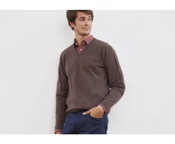 Jersey de lana para hombre con cuello en V Marrón Elian-Bexley Cheap